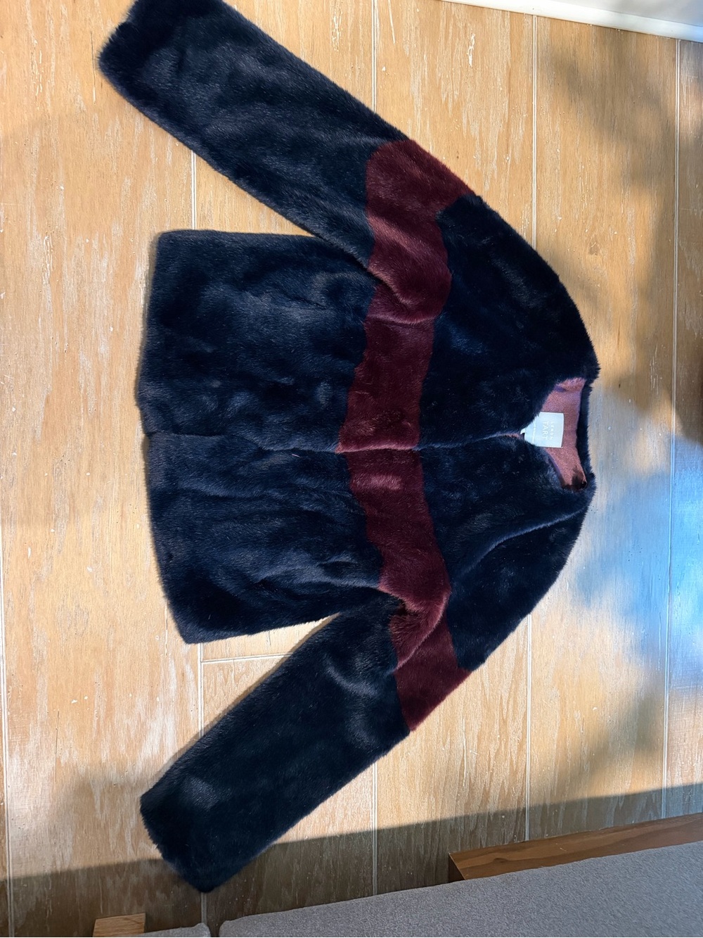 Girls' Black Faux Fur Jacket with Burgundy Accent
